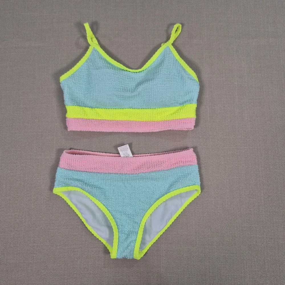 Girls Color Block Textured Bikini Set Blue Pink Neon Yellow Size 11-12Y NWOT